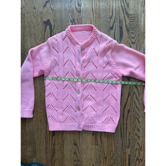 Vintage Pink Knit Cardigan Chevron Eyelet Design Button Front Women’s M - Picture 5 of 8